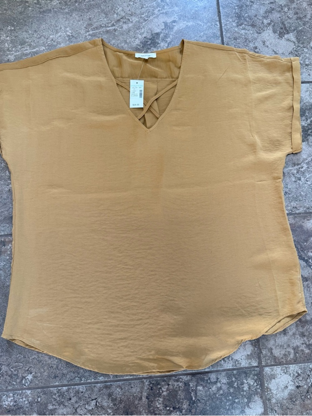Maurices Mustard V-Neck Short Sleeve Top with Lattice Detail